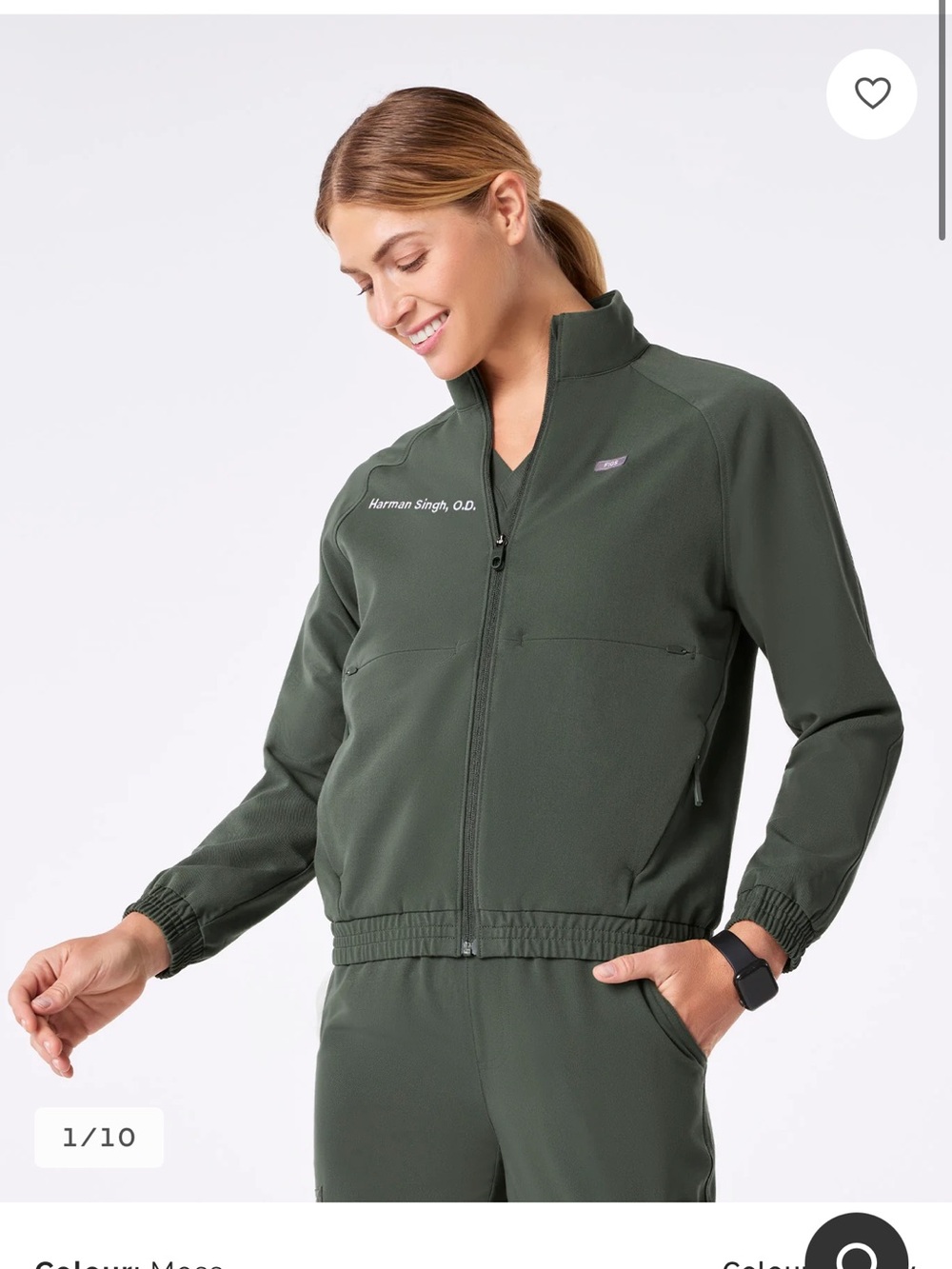 Figs Sydney Scrub Jacket in moss color